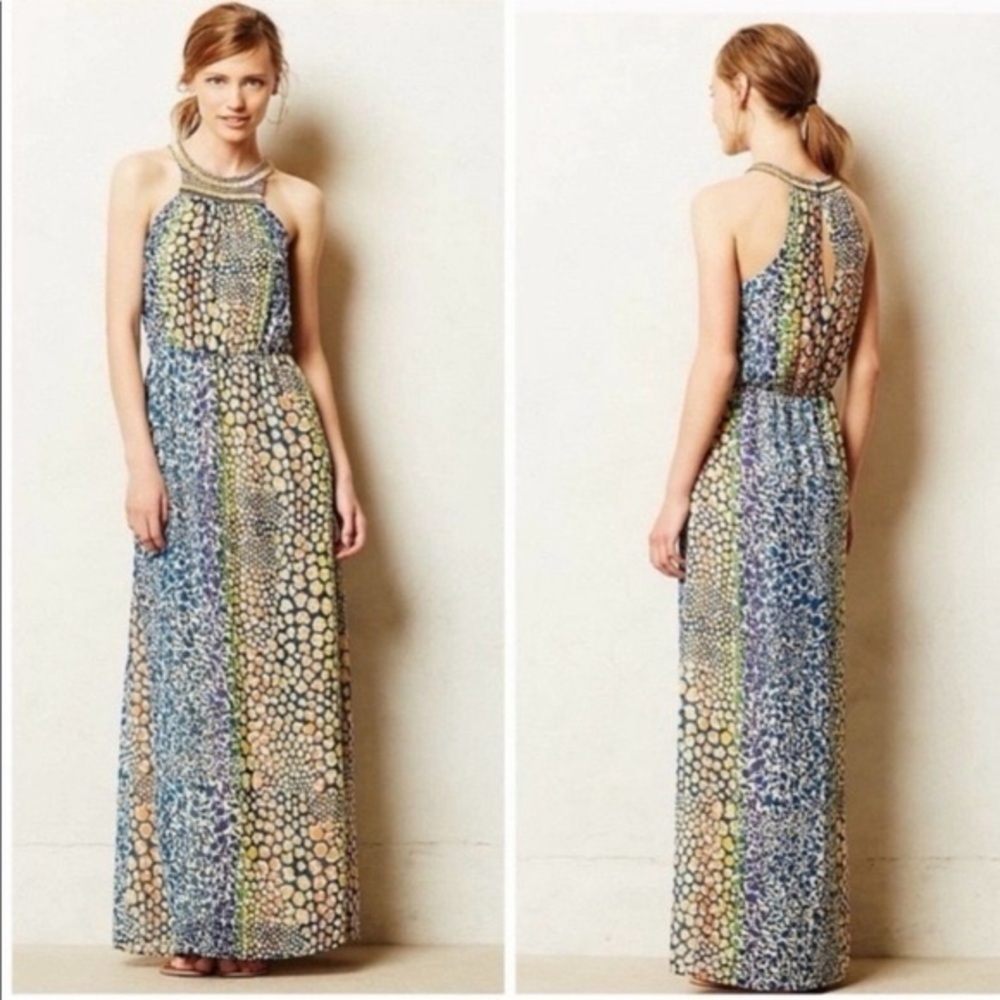 HD In Paris Anthropologie Mayacamas Beaded Halter Maxi Multicolored Dress